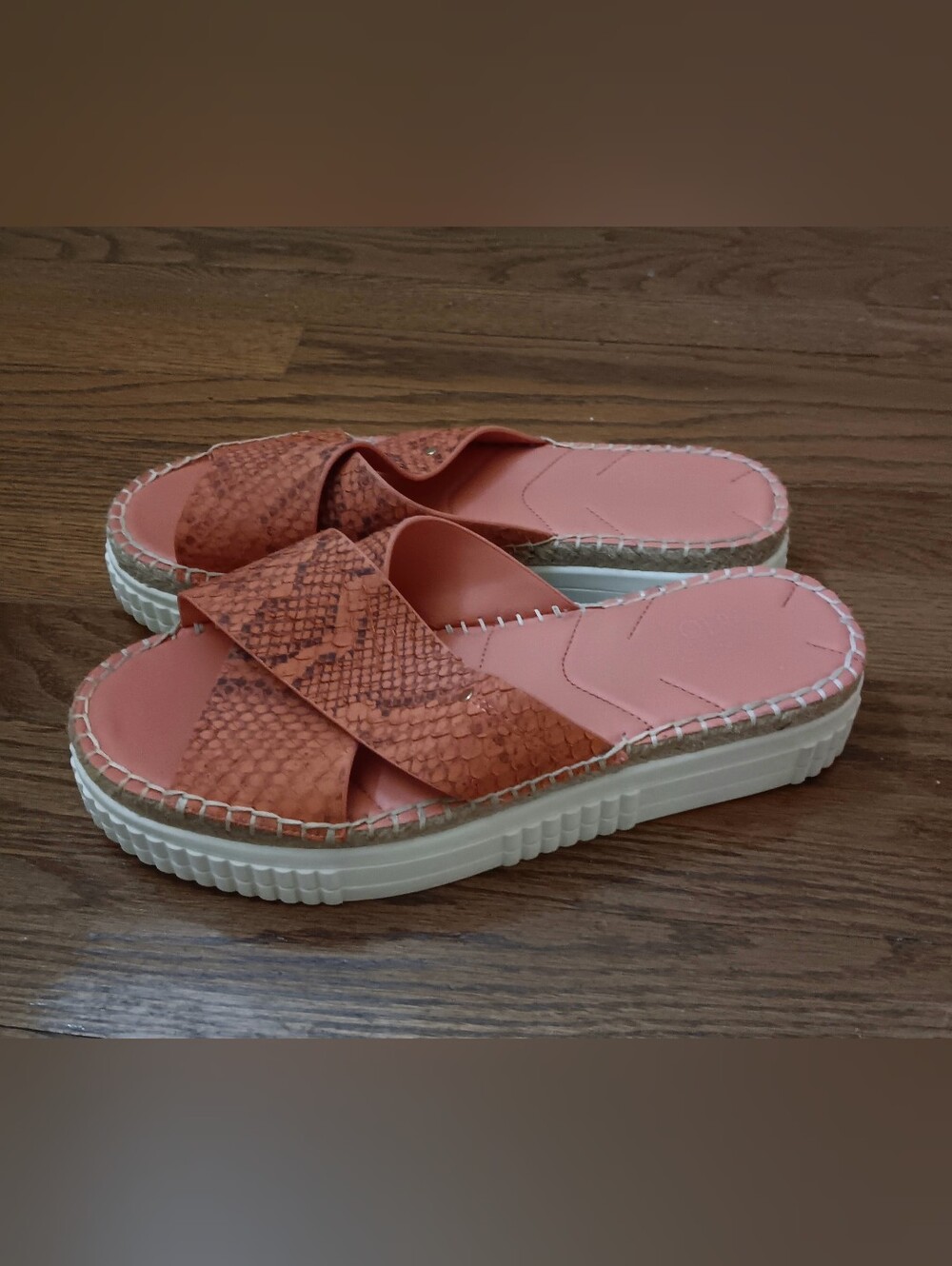Franco Sarto Barb Platform Slide Sandals Vivid Coral Snakeskin Espadrille 9.5